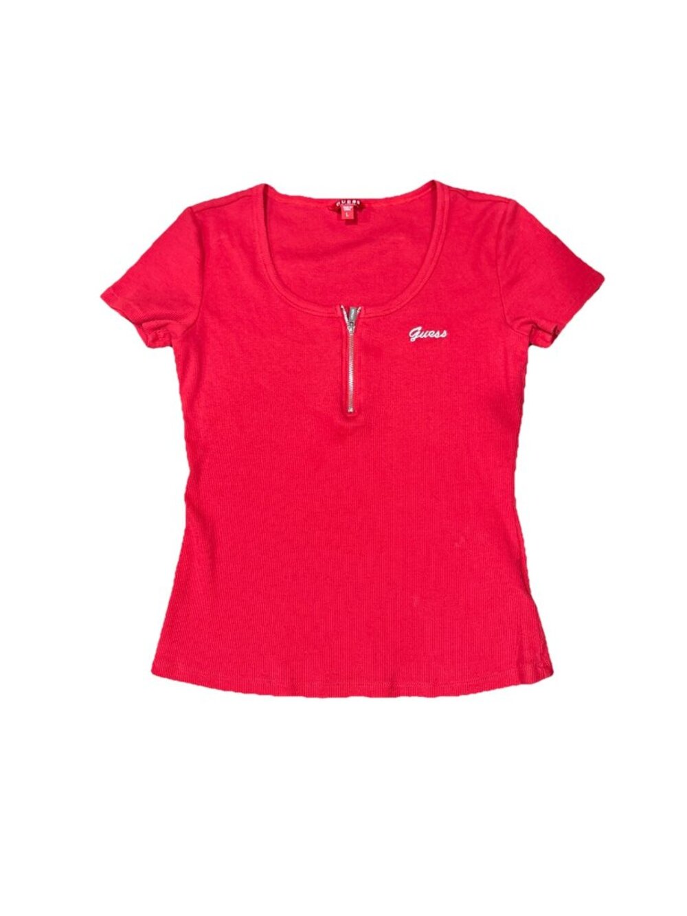 Guess Women's Candy Red Quarter Zip Large Ribbed Knit Short Sleeve Outdoor Shirt